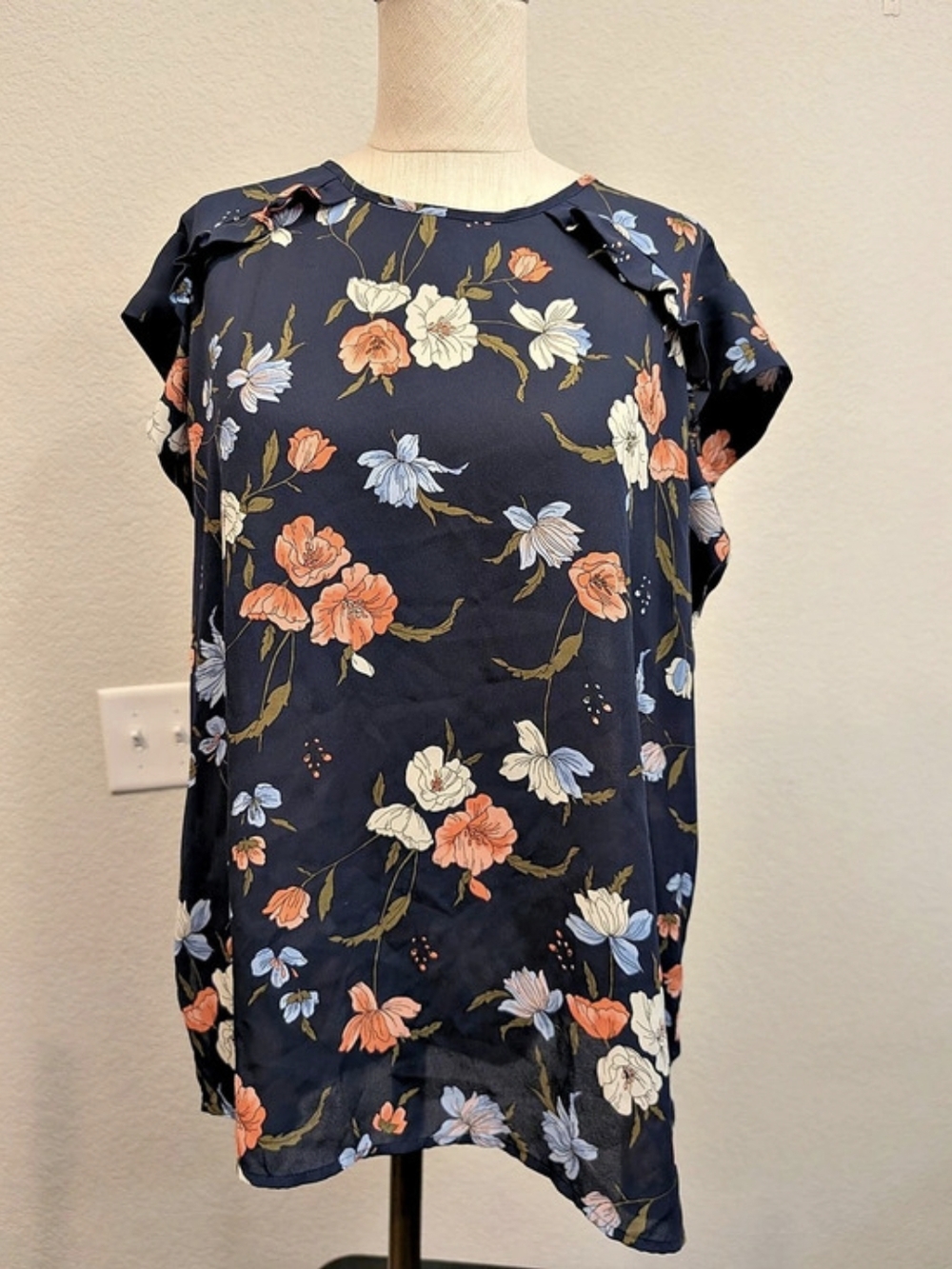 Les Serein Floral Blouse in Blue & Orange XL Office Feminine